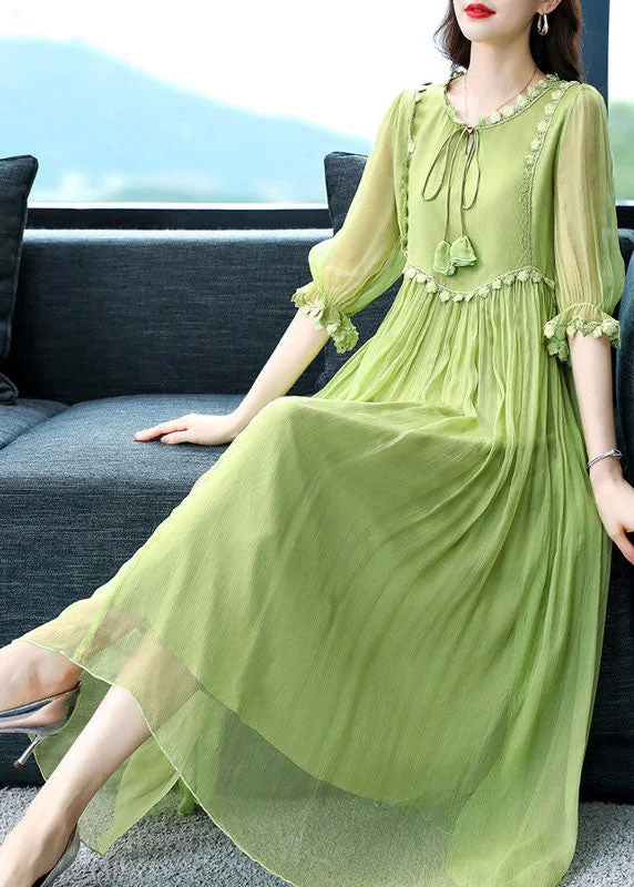 French Green O-Neck Lace Up Extra Large Hem Silk Long Dress Half Sleeve Lace Dress Perfect