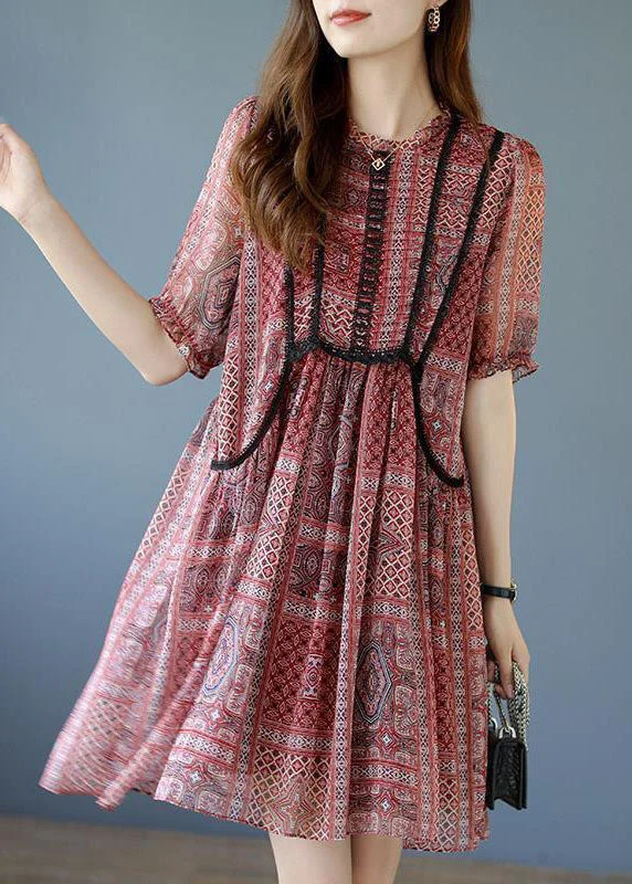 Red Patchwork Lace Chiffon A Line Dresses O-Neck Summer Lace Cocktail Dress