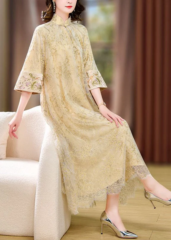 Chinese Style Beige Mandarin Collar Chinese Button Lace Dresses Summer Satin Lace Dress