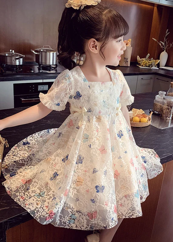 Cute Beige Ruffled Butterfly Patchwork Lace Baby Girls Dress Summer Lace Wedding Gown