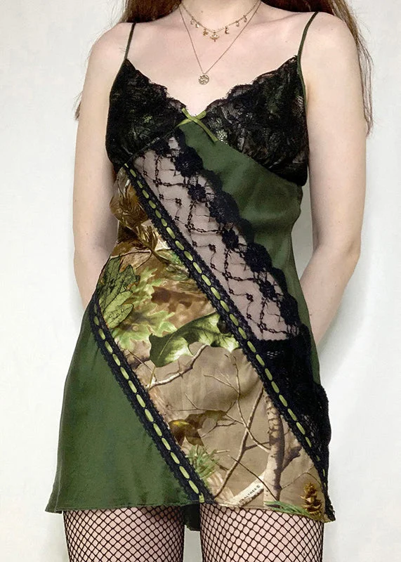 Sexy Green Backless Print Lace Patchwork Spaghetti Strap Mid Dress Sleeveless Bohemian Lace Dress