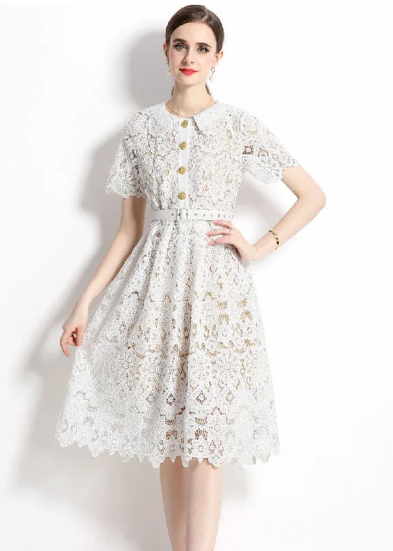 Classy White Hollow Out Embroideried Sashes Lace Dress Summer Lace Gown Glam