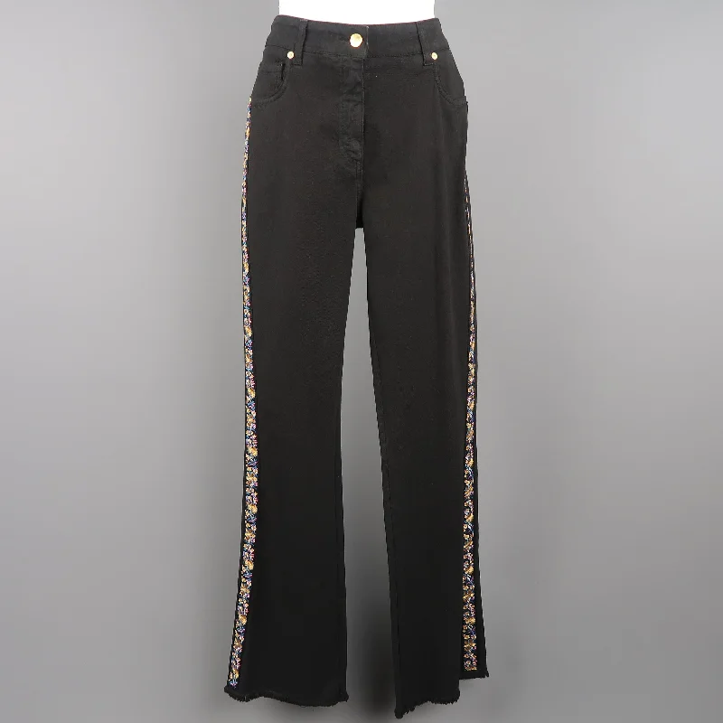 ETRO Size 29 Black Stretch Cotton Floral Trim Boot Cut Jeans