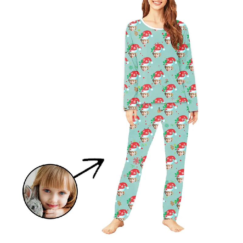 Custom Women's Photo Pajamas Christmas Hat And Gingerbread Man Long Sleeve Loungewear pajama sets