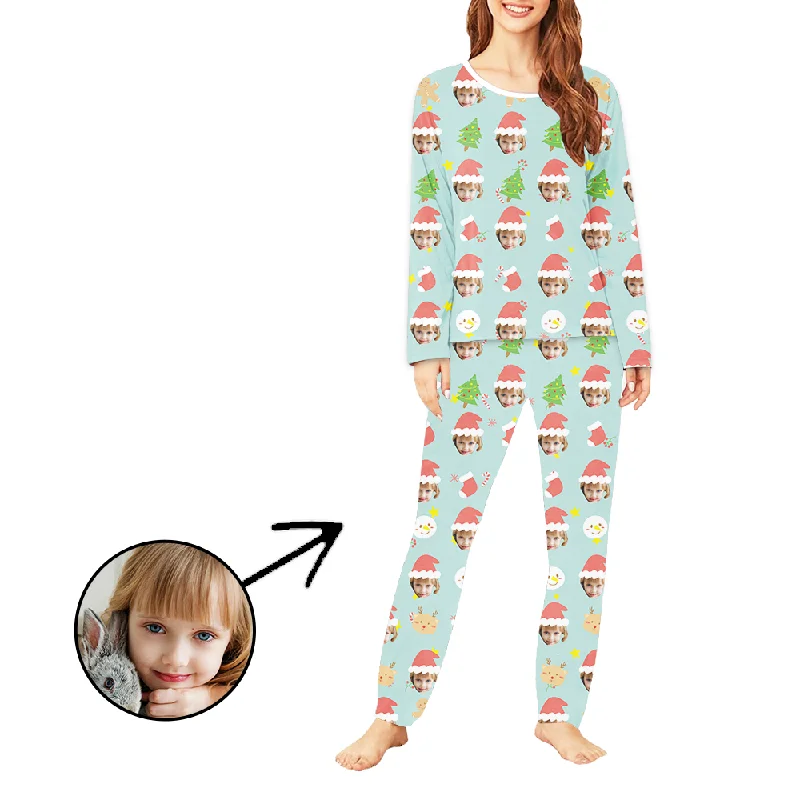 Custom Women's Photo Pajamas Christmas Hat And Lovely Snowman Long Sleeve Floral pajama sets