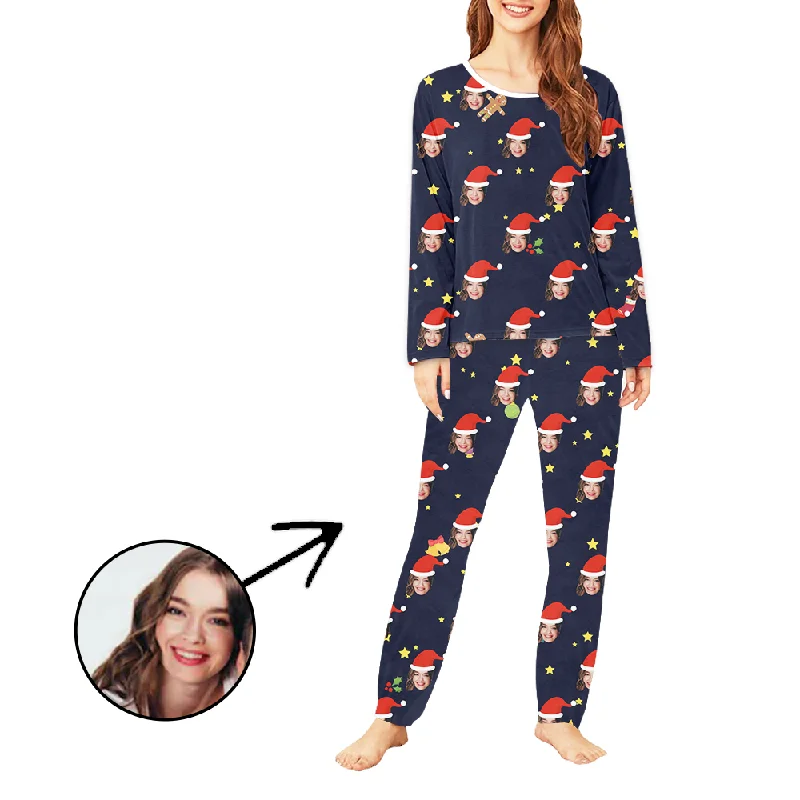 Custom Women's Photo Pajamas Christmas Hat And Stars Long Sleeve Party pajama sets