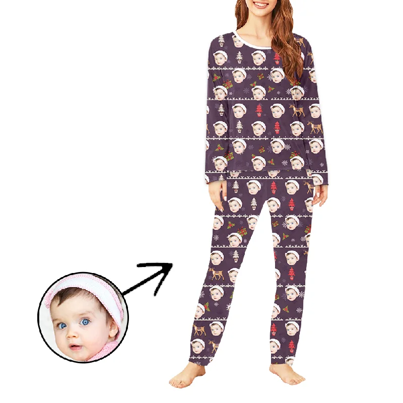 Custom Women's Photo Pajamas Christmas Reindeer And Tree Long Sleeve Forever 21 pajama sets