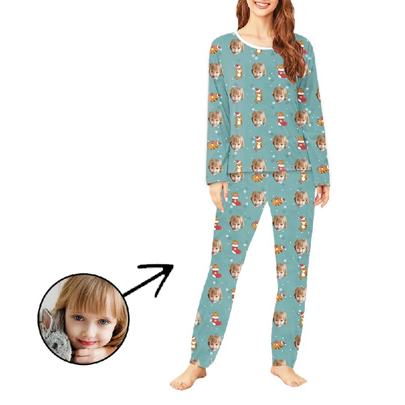 Custom Women's Photo Pajamas Christmas Socks And Cat Long Sleeve Camisole pajama sets