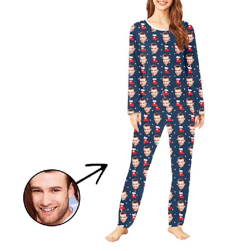 Custom Women's Photo Pajamas Christmas Socks And Stars Long Sleeve Movie night pajama sets