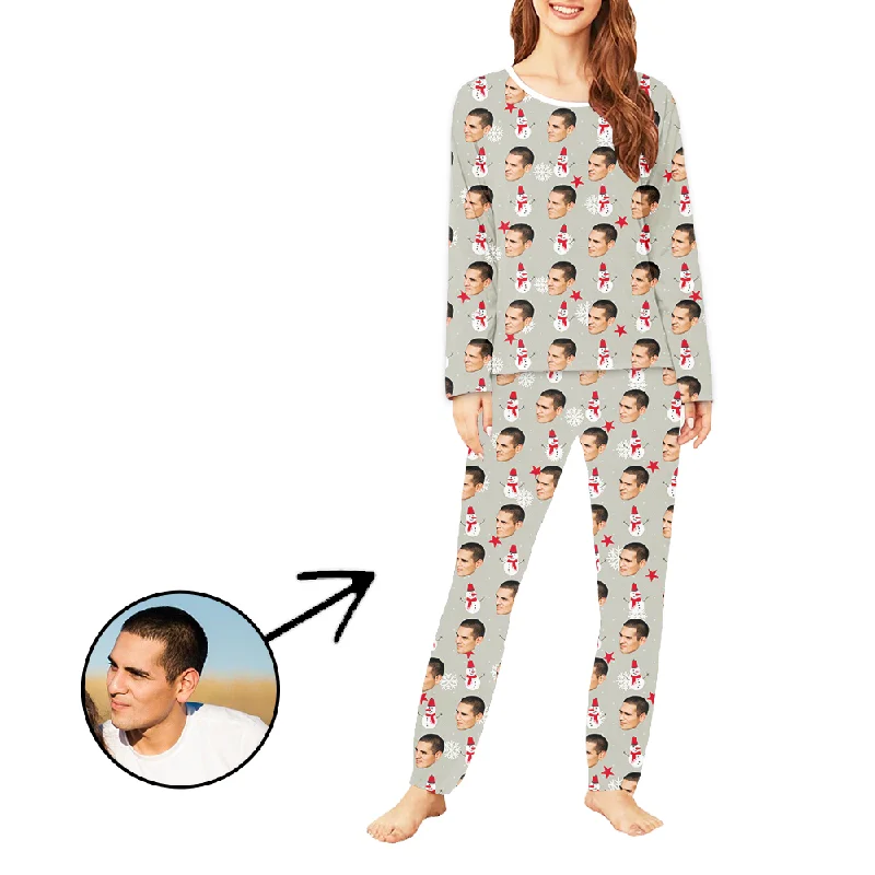 Custom Women's Photo Pajamas Snowman And Snowflake Long Sleeve Zara pajama sets