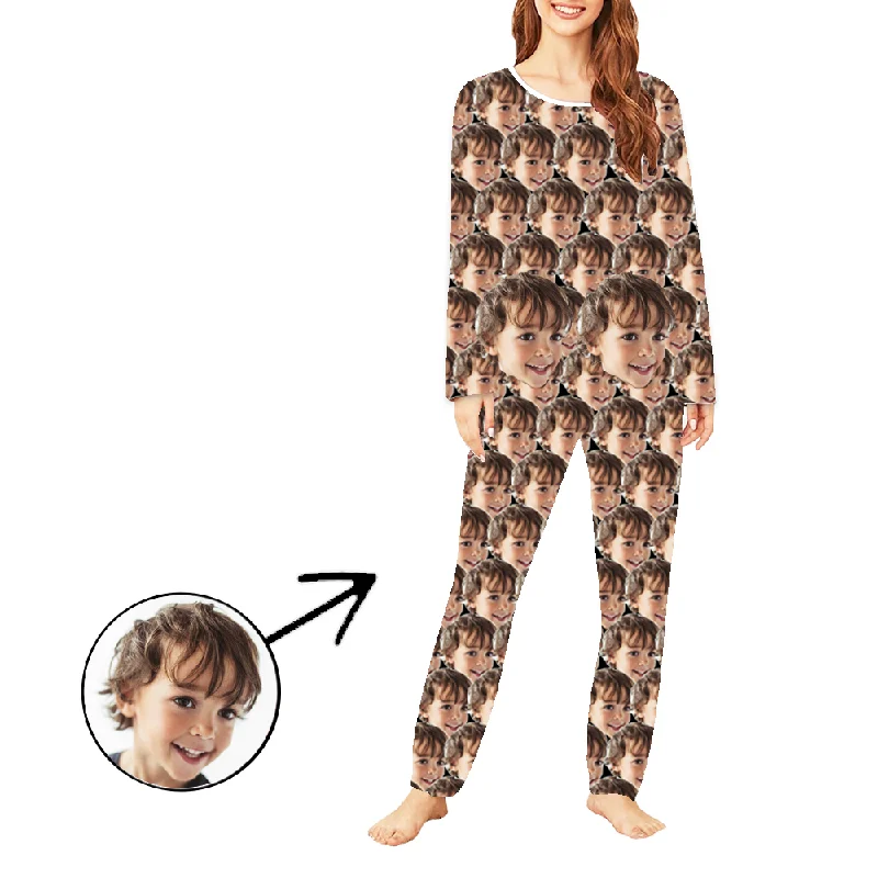 Custom Photo Pajamas For Women Funny Mash Face Long Sleeve Cozy pajama sets