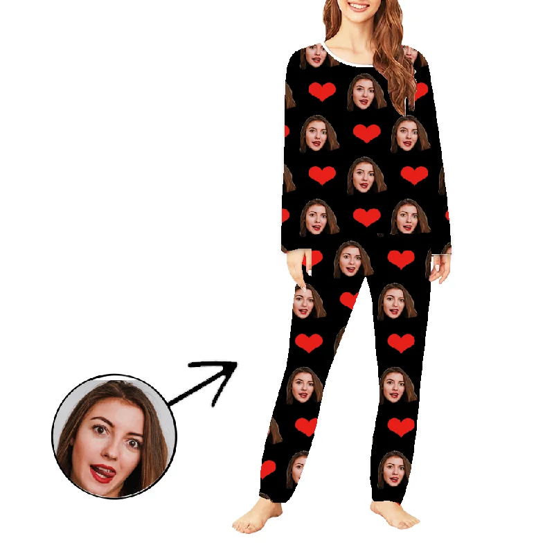 Custom Photo Pajamas For Women Heart My Loved One's Face Long Sleeve Silk pajama sets