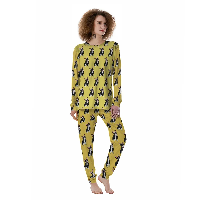 Terrier Boston Yellow Print Pattern Women's Pajamas Calvin Klein pajama sets