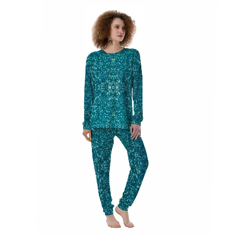 Artwork Teal Glitter Print Pattern Women's Pajamas Button-up pajama sets