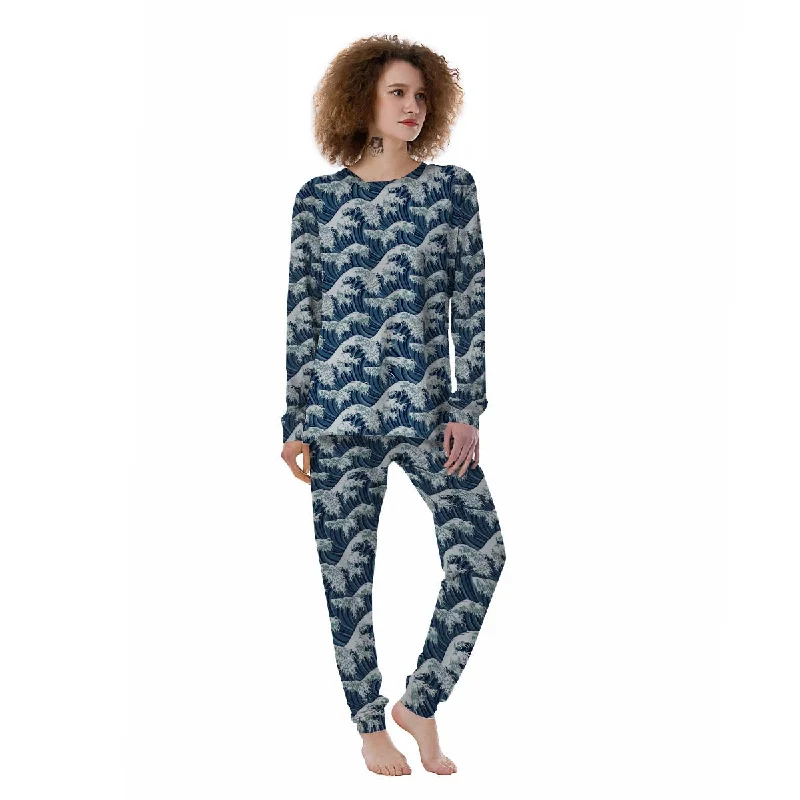 The Great Kanagawa Wave Print Pattern Women's Pajamas Warm pajama sets