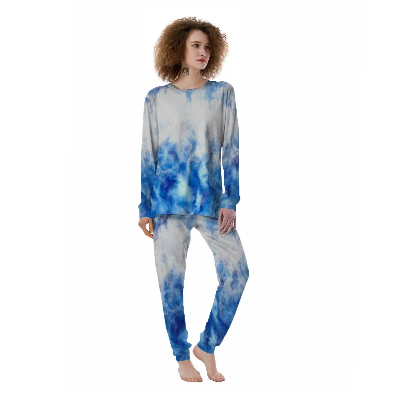 Tie Dye Acid Wash White And Blue Print Women's Pajamas Polyester pajama sets