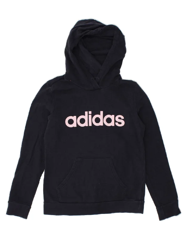 ADIDAS Womens Graphic Hoodie Jumper UK 8/10 Small Navy Blue Cotton Boho-style sweaters