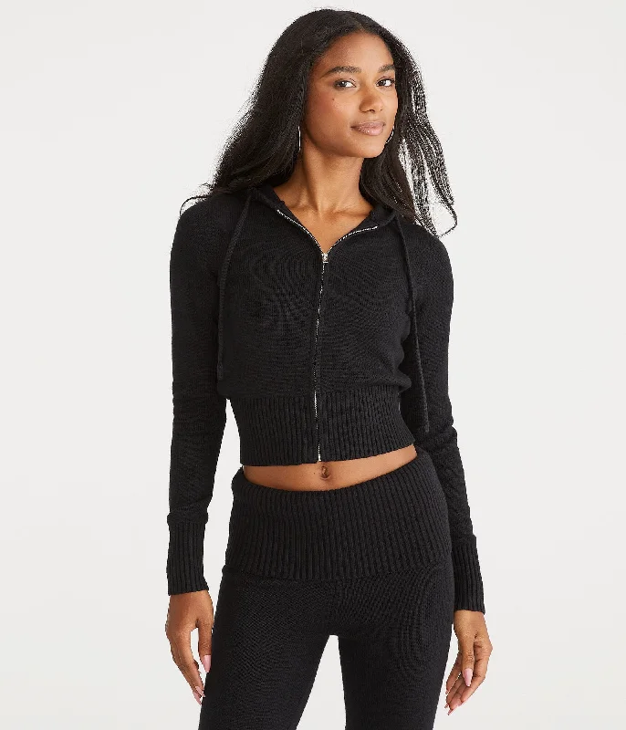 Aeropostale Solid Cropped Full-Zip Hooded Sweater Breathable sweaters