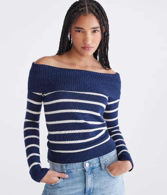 Aeropostale Striped Off-The-Shoulder Sweater Stretchable sweaters