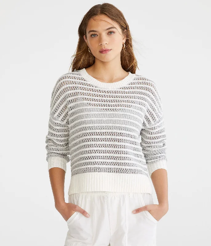 Aeropostale Striped Open Knit High-Low Crew Sweater Premium sweaters