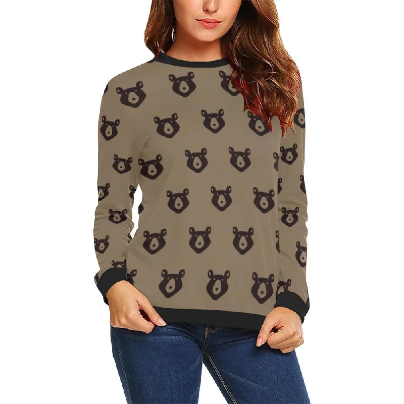 Brown Teddy Bear Pattern Print Women Crewneck Sweatshirt V-neck sweaters