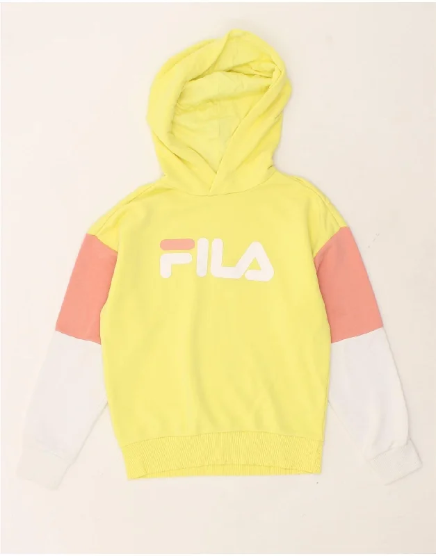 FILA Womens Graphic Hoodie Jumper UK 6 XS Yellow Colourblock Cotton Alpaca wool sweaters