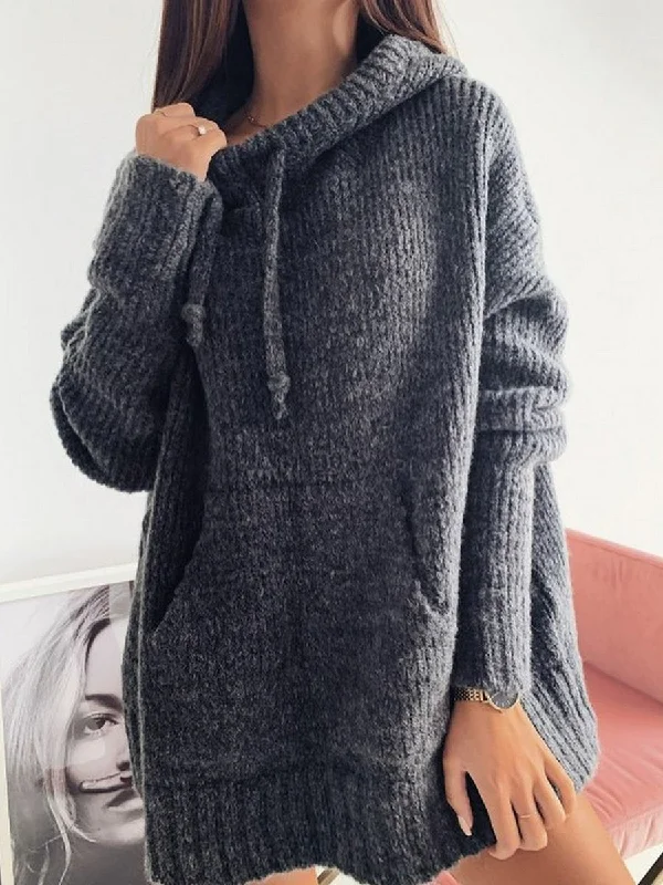 Gray Casual Knitted Hoodie Sweater Best value sweaters