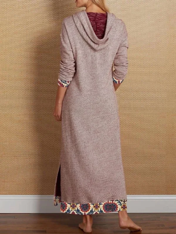 Printed Patchwork Hooded Long Sleeve Dress Elegant sweaters