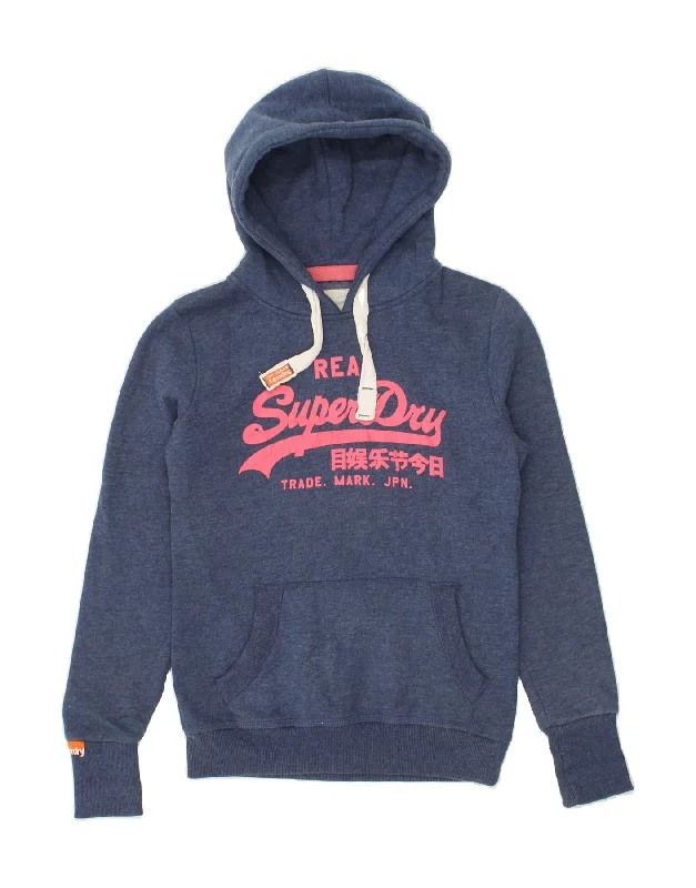 SUPERDRY Womens Graphic Hoodie Jumper UK 10 Small Navy Blue Cotton Wool sweaters