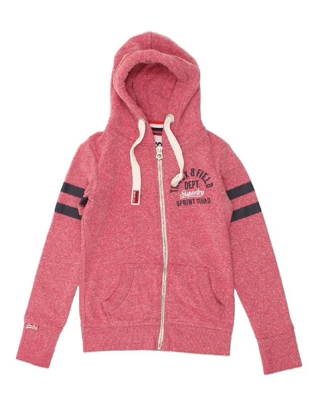 SUPERDRY Womens Graphic Zip Hoodie Sweater UK 2 2XS Pink Flecked Polyester Expensive sweaters