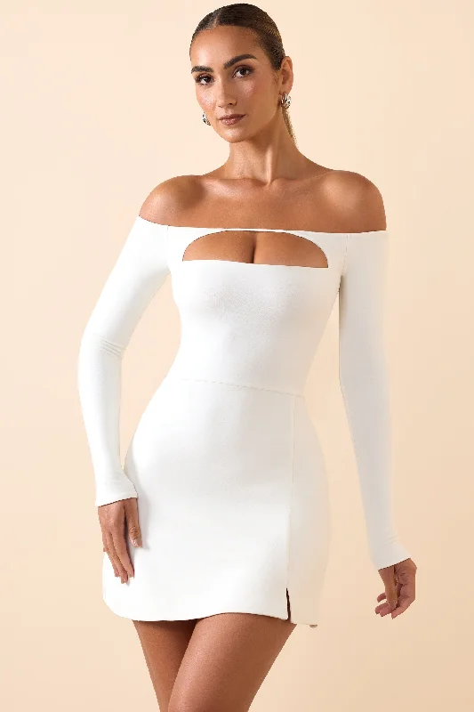 Modal Cut-Out Off-Shoulder A-Line Mini Dress in White Party mini dresses