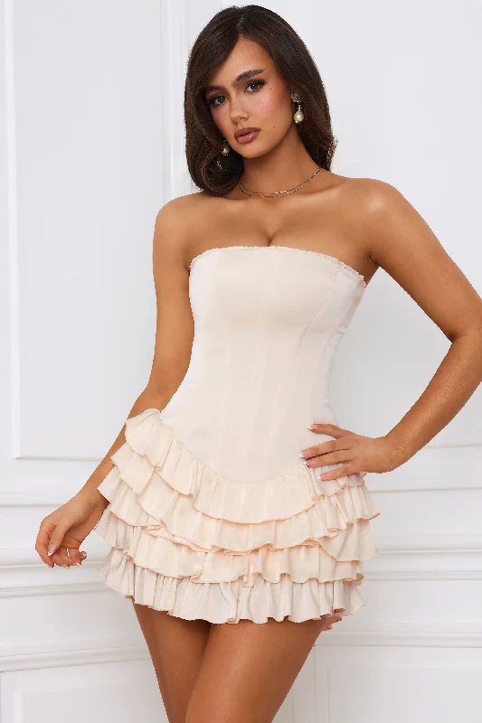 Bandeau Ruffled Tiered Corset Mini Dress in Ivory Best mini dresses for petites