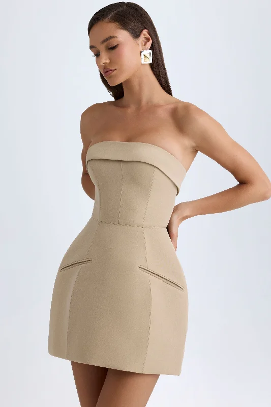 Foldover-Neck Structured Tulip Mini Dress in Camel Sleeveless mini dresses