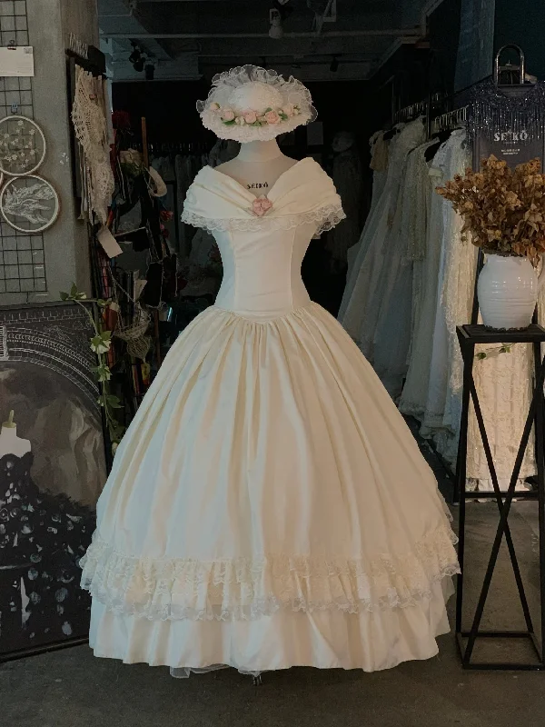 50s inspired Off Shoulders Tea Length Vintage Wedding Dress Chic Bridal Gown