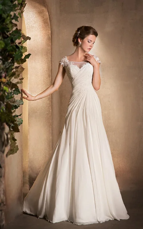 A-Line Long Scoop-Neck Cap-Sleeve Lace-Up Chiffon Dress With Ruching And Appliques Short Wedding Gown