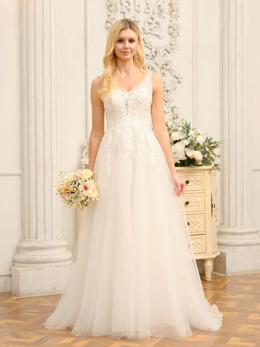 A-Line/Princess V-Neck Sleeveless Long Wedding Dresses With Appliques Floral Wedding Gown