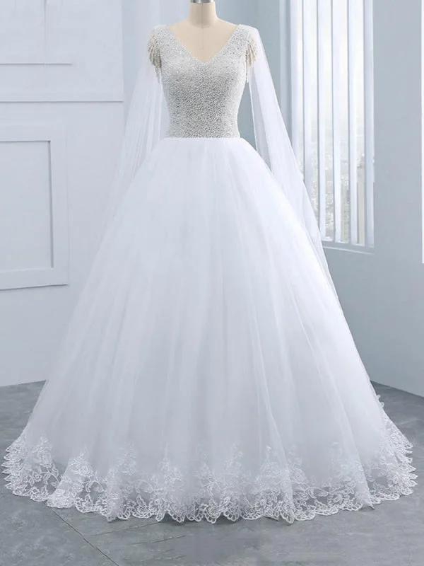 Beautiful V-neck Pearls Princess Wedding Dresses Elegant A-line Gown