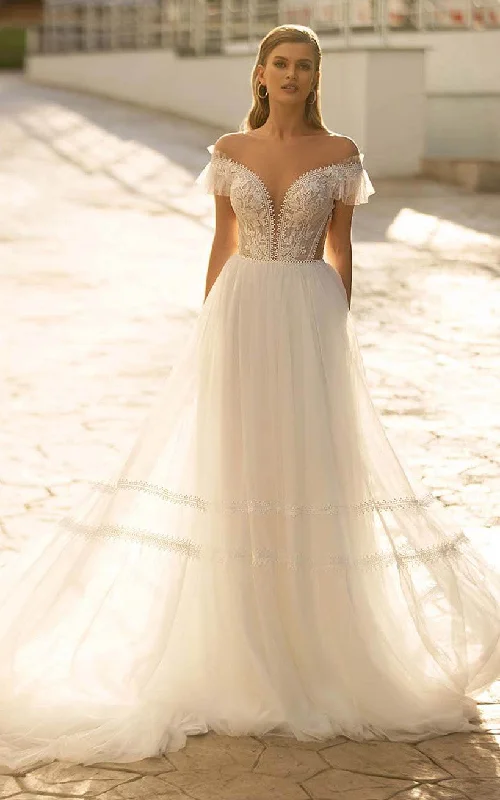 Bohemian A Line Lace V-neck Court Train Wedding Dress with Appliques-716083 Off-shoulder Wedding Gown