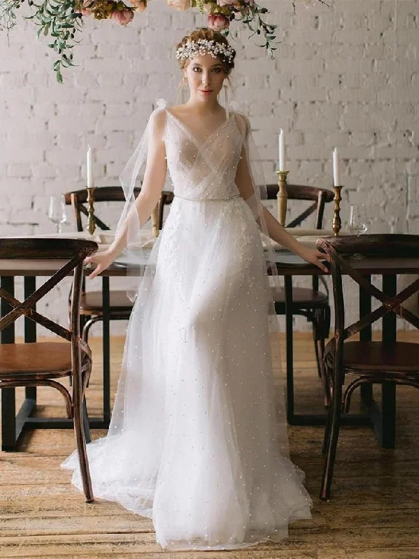 Boho Pearls Ivory Wedding Dresses, Elegant Wedding Gown, Affordable Wedding Dresses, A-line Wedding Dresses, 2021 Wedding Dresses Modern Lace Gown