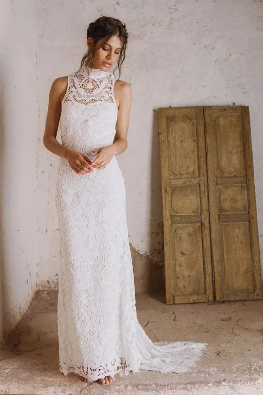 Boho Sheath Sleeveless Lace High Neck Wedding Dress with Keyhole Back-715722 Beautiful Lace Gown