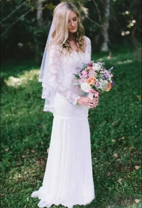 Country Bohemian Full Lace Sheer Long Sleeves Sweep Train Wedding Dress-715383 Strapless Bridal Dress