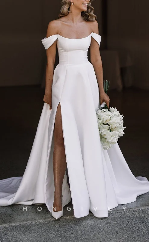 H1516 - Sexy Satin A-Line Off-Shoulder Empire Ruched With Side Slit Train Wedding Dress Mermaid Wedding Gown