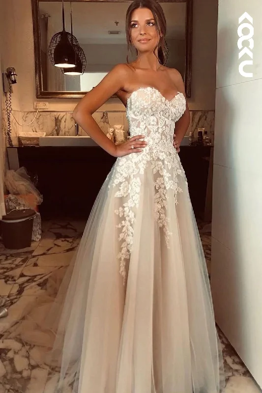 K926 - A-Line Sweetheart Tulle Appliques Sleeveless Bohmian Beach Wedding Dress Soft Satin Bridal