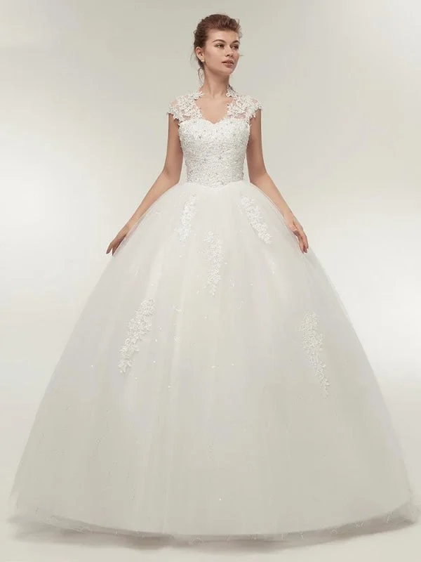 V-Neck Cap Sleeves Ball Gown Lace Wedding Dresses Sexy Wedding Dress