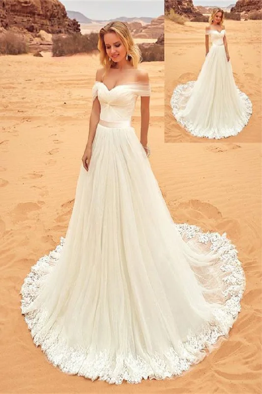 Elegant A-line Ivory Off The Shoulder Long Lace Tulle Wedding Dress Ball Gown Wedding