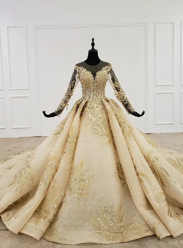 Gold Ball Gown Tulle Appliques Beading Long Backless Wedding Dress Satin Bridal Gown