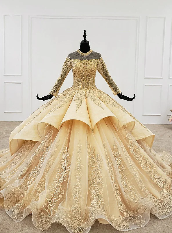 Gold Ball Gown Tulle Long Sleeve Appliques Backless Wedding Dress Strapless Lace Dress