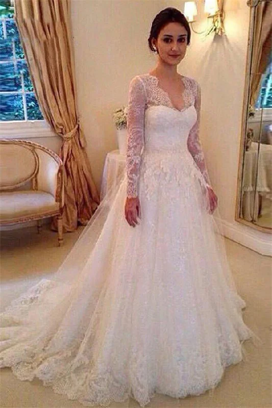 Ivory Long Sleeves A-line Lace Tulle V-neck Wedding Dress,Wedding Gowns Modern Wedding Gown