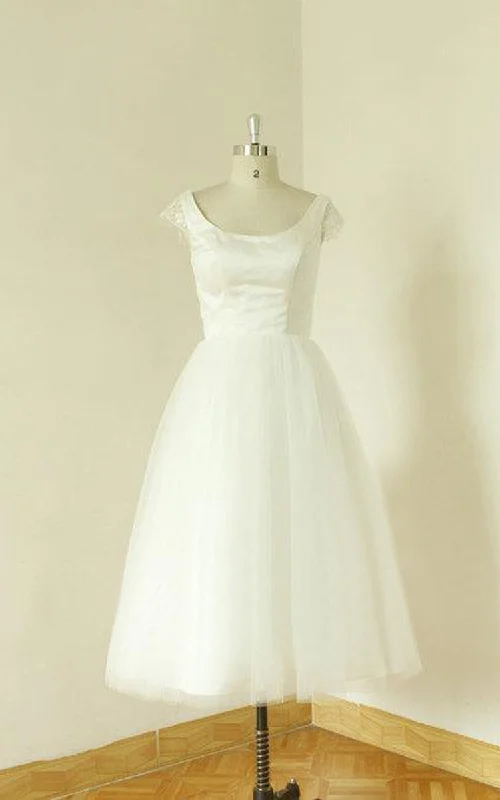 Jewel Neck Cap Sleeve A-Line Tea-Length Tulle Wedding Dress-711229 Formal Wedding Dress