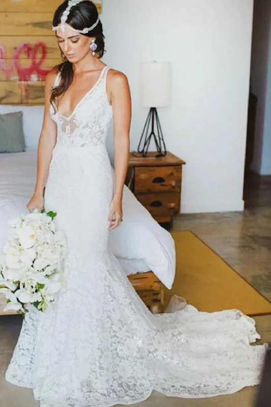 Romantic Deep V Neck Sleeveless Lace Wedding Dress Mermaid Wedding Dresses With STIP2NSHCG1 Classic Lace Gown